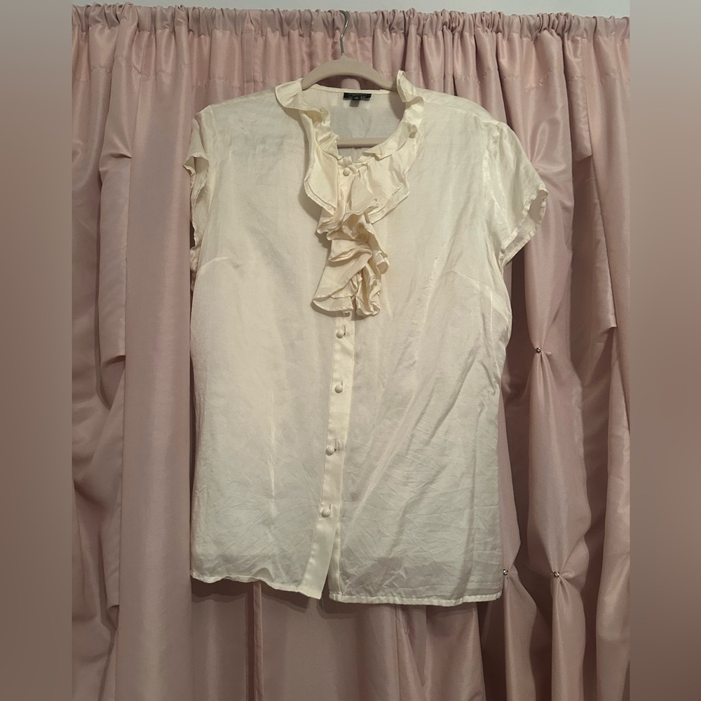 Talbots cotton silk ruffled short sleeve blouse 16 ivory cream buttons